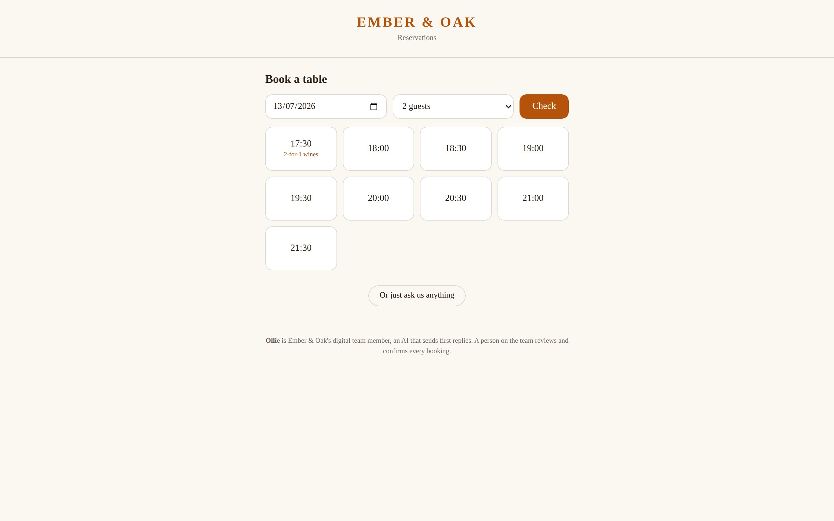 A venue's own bookable page, showing its hours, a 17:30 promotion and an AI disclosure.